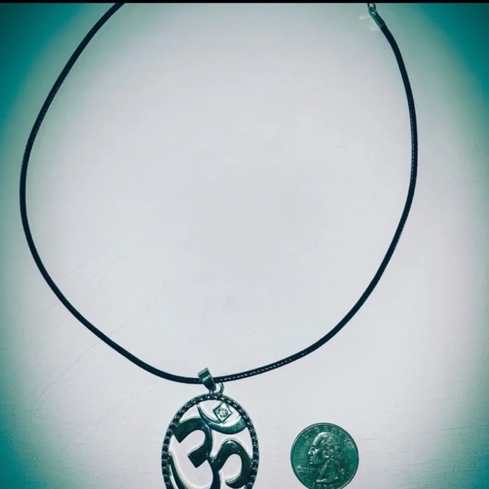 New Aum Om Sterling Silver Artisan White Sapphire Leather Namaste Yoga Necklace
